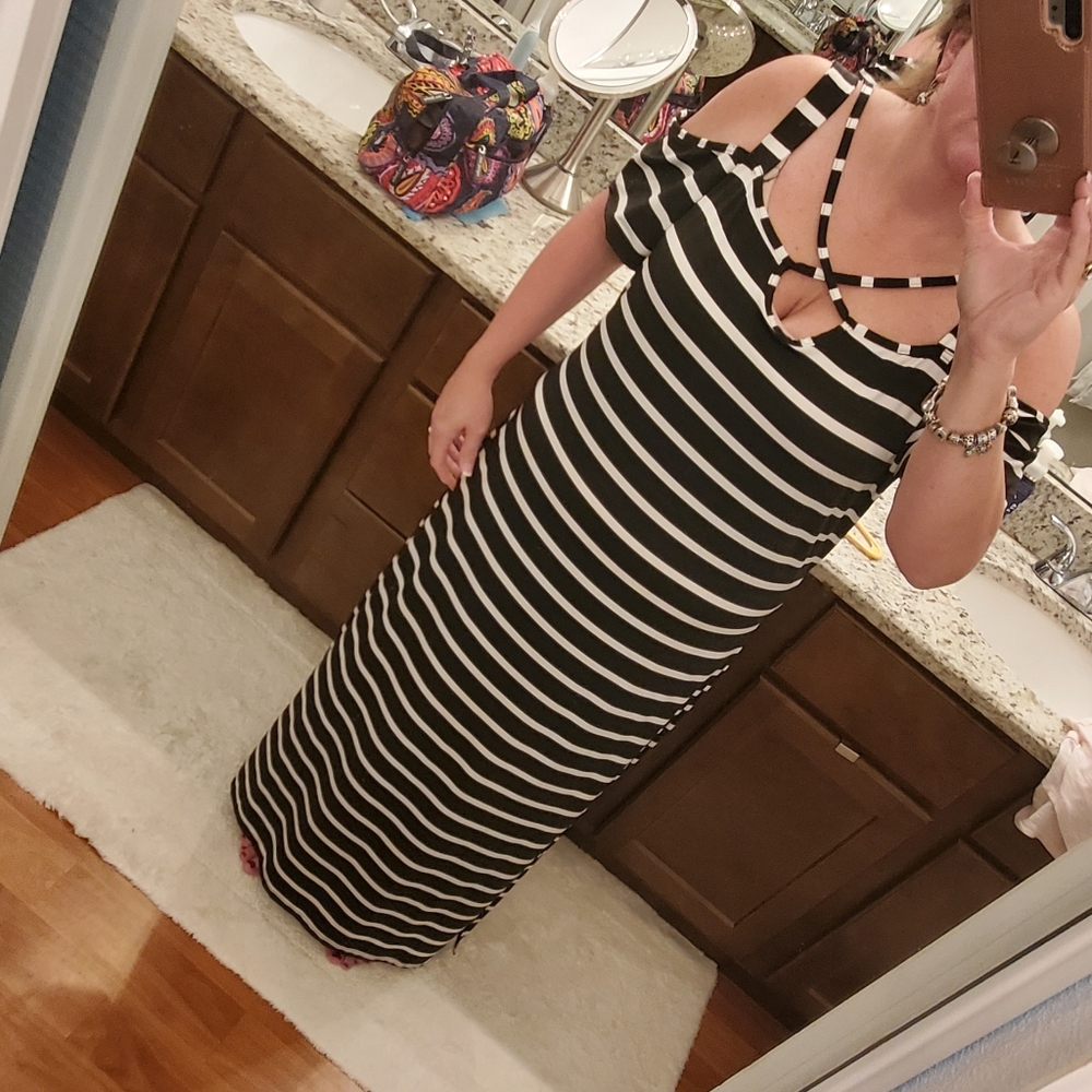 Black and white floor length dress.